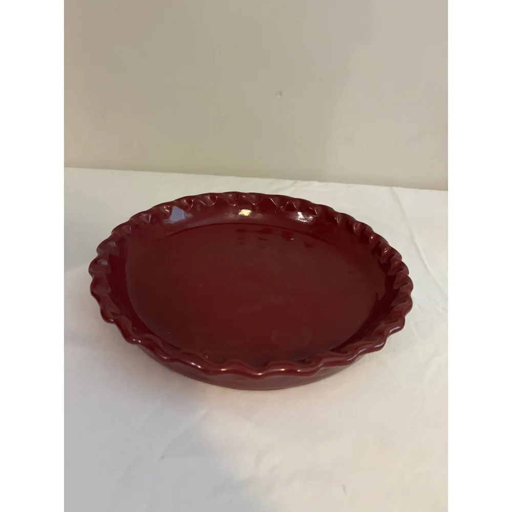 Bybee Pottery Burgundy Red Scalloped Rim Ceramic Pie Dish Signed BB